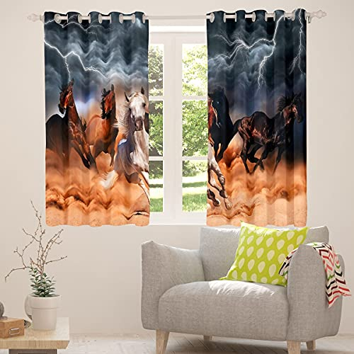 Pferdefenstervorhänge Für Jungen Teen 3D Wild Tier Muster Fenstervorhänge Western Farmhouse Thema Cowboys Vorhangpaneele Afrika Wildpferde Gedruckte Blitz Dekor Fensterbehandlungen,2 Panels 55X69