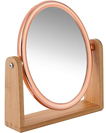 YEAKE Doppelseitiger Make-up-Spiegel mit 10-facher Vergrößerung und Bambus-Ständer, Kleiner Schreibtisch-/Tischspiegel mit 360°-Drehung, tragbarer Kosmetikspiegel, gut für Tisch, Reisen (Roségold)