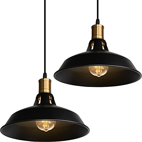 TOKIUS Lampada a Sospensione Industriale Vintage Lampadario Plafoniera E27 in Metallo Ø27cm Lampada da soffitto Retro Interni Per Cucina Camera da letto Sala Da Pranzo (Nero, 2 pezzi)