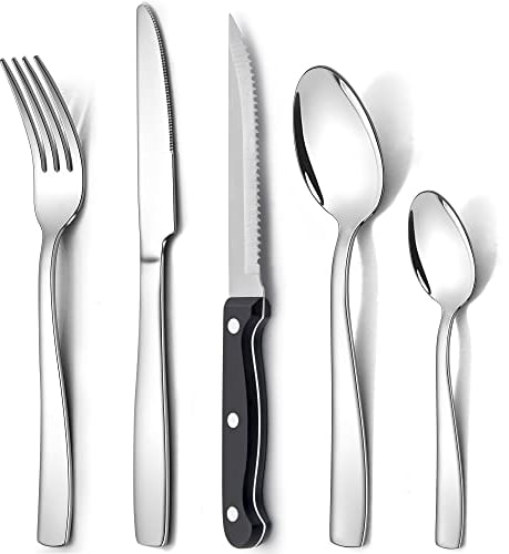 HaWare 30 Pieces Cutlery Set, 24 Pieces Stainless Steel Flatware Set with 6 Pieces Steak Knives, Service for 6 People, Elegant Silverware Include Forks Knives Spoons, Mirror Polished, Dishwasher Safe