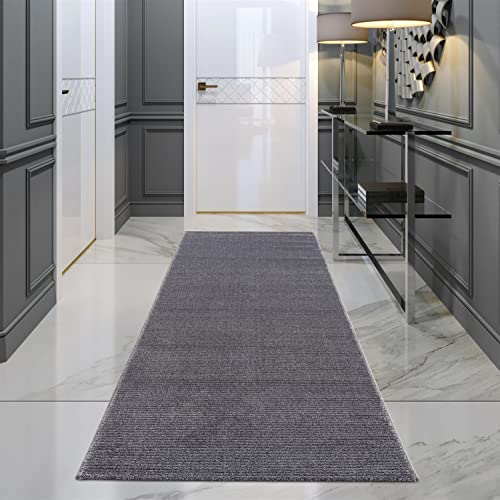 Teppich Läufer Flur - Einfarbig, Grau - 80x300 cm - Flachflor-Teppiche Schlafzimmer - Hochtief-Effekt/ 3D-Optik - Streifen-Muster - Läufer-Teppich Uni - Flurläufer Kurzflor, Wohnzimmerläufer, Brücke