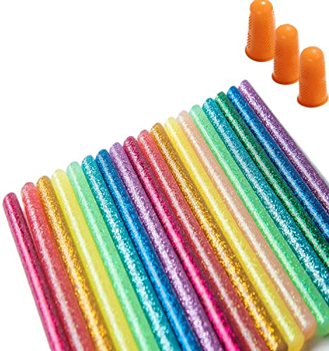 MissFox 50 Stück Heißklebesticks | Ø 11 x 200 mm Klebestifte für Heißklebepistole | Heißklebestifte Glitzer Bunte | Klebesticks 11mm für DIY Handwerk | Inklusive 3 Fingerschutzkappen
