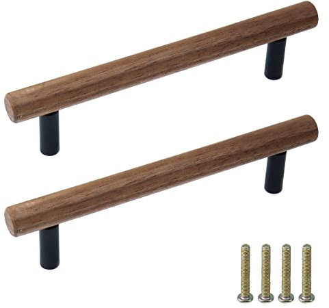 MY MIRONEY Schubladengriffe aus Holz mit Metallboden, Walnussholz-Schrankgriffe, schwarze Holzkommodengriffe, Beschläge mit Schrauben, 12,8 cm Lochmitte, 2 Stück