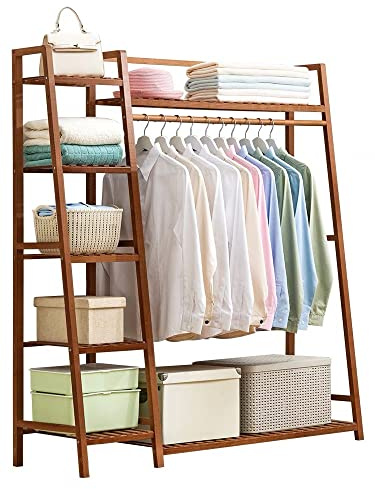 little dove Kleiderständer Bambus ，Garderobenständer Bambus，Multifunktionale Schlafzimmer garderobe Kleiderständer mit 7 Ablagen 1 Kleiderstangestab (110 x 36x 140 cm) (2)