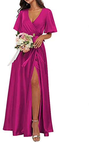KURFACE Abiti da damigella d'onore da sposa Wrap V Neck Flutter Sleeve Abiti da sera formali per le donne, Fucsia, 40