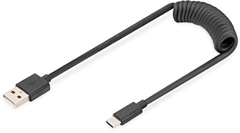 DIGITUS Cable espiral USB 2.0 - USB-A a USB-C - 480 Mbps - Power Delivery 60W - 1m - Negro