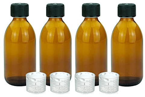 Devitre 4 botellas de cristal marrón de 250 ml con tapa 4 tazas medidoras y etiquetas de etiquetado