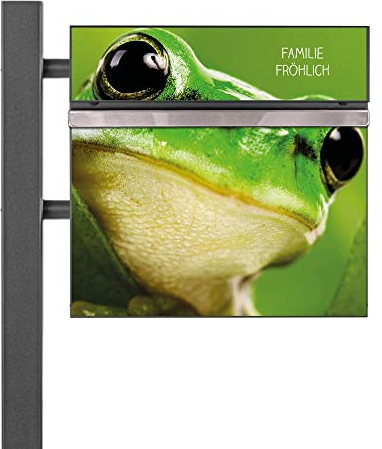 banjado® Standbriefkasten Anthrazit mit Namensschild Frosch & Zeitungsfach/Briefkasten mit Standfuß in Anthrazit/Postkasten A4 Einwurf inkl. Montagematerial & 2 Schlüsseln