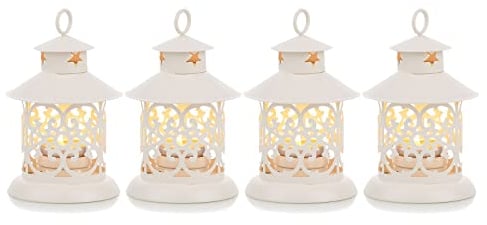 Romadedi Teelicht Laterne Weiß Deko - 4er Set Vintage Laterne Kerze Metall Klein mit Gravur für Kerzen, Tischdeko, Hochzeit, Weihnachten, Ramadan, Balkon, Garten, Outdoor