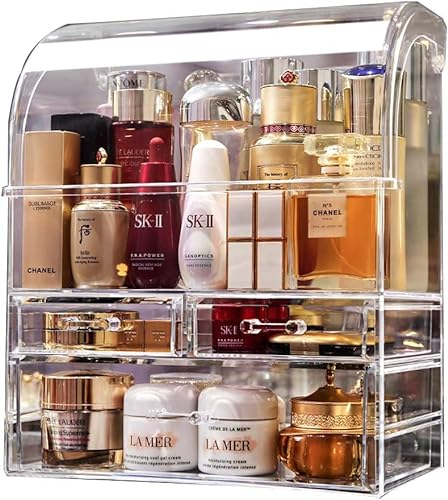 Suyoo Makeup Organiser Storage, X-Large Acrylic Clear Cosmetics Storage Display Case with Drawers, Perfume Makeup Organiser Box with Waterproof Cover for Counter, Bathroom, Dresser(Clear-XL)