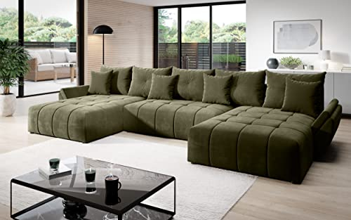 Vigo Velvet Monolith Ecksofa in U-Form 382 cm x 190 cm - Schlafsofa mit Bettkasten - Couch mit Stauraum und Kissen - Sofa mit Schlaffunktion - Ausziehbares Schlafsofa - Farbe: Olive (M-38)