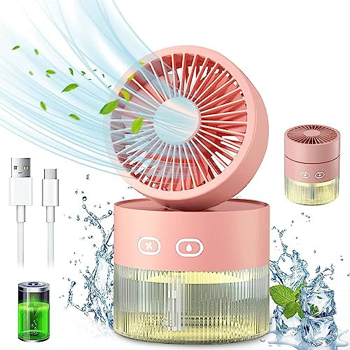 EBILUN Mini Ventilateur De Brumisation De Bureau Portable USB Rechargeable Batterie Ventilateur De Table Pliable Réglable avec Vent à 3 Vitesses, Réservoir d'eau De 350 ML (Rose)
