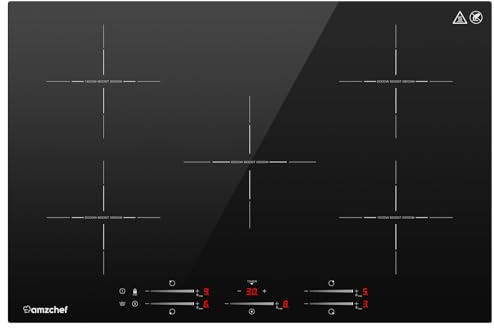 AMZCHEF Plaque induction 5 zones encastrable Plaque de cuisson à induction avec 9 niveaux et booster, fonction pause et maintien au chaud, minuterie, STOP+GO, commande à curseur