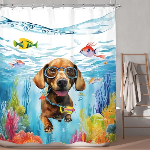 LGhtyro Kinder Lustiger Hund Duschvorhang Badezimmer Set 60Wx71H Inches Sea Ocean Lustig Schwimmen Niedlich Tier Unterwasser Fisch Koralle Pflanze Nautisches Bad Zubehör Junge Kunst Wohnkultur Stoff