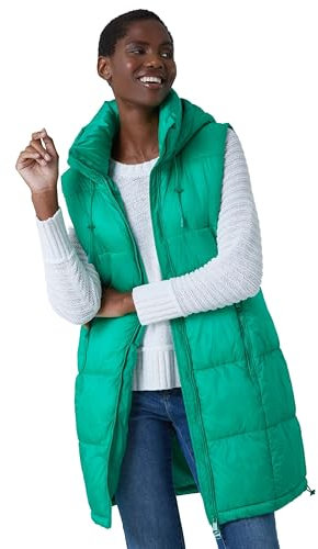 Roman Originals Quilted Gilet with Hood for Women UK Ladies Sleeveless Coat Hooded Jacket Padded Bodywarmer Winter Lightweight Warm Autumn Funnel Neck Longline Soft Bubbly - Light Green - Size 10