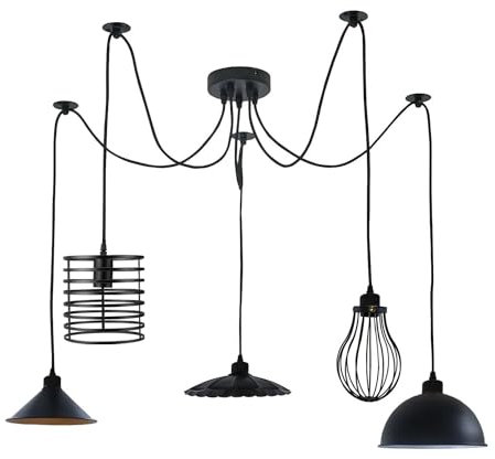 LEDSone Lampada a sospensione a forma di ragno a 5 teste di ragno, regolabile in altezza, con gabbia metallica (senza lampadina)