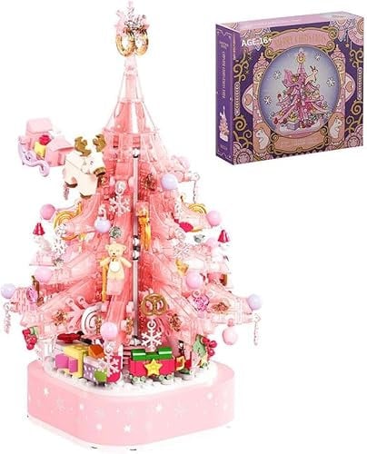 Christmas Tree Building Block Set, 675 PCS Pink Crystal Christmas Tree Building Kit with LED, Construction Gifts Toy for Kid Adult, Compatible with Major Brand