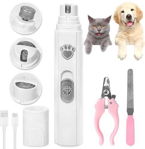AQXONG Lima Elettrica per Unghie per Cani e Gatti, 2 velocità(5000/7000rpm), 3 Porte-Super Silenzioso (<45dB), Professionale Lima Unghie Cani Silenzioso per Cani e Gatti Taglia Piccola Media e Grande
