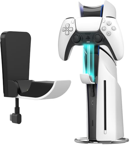 Fosmon - PS5 & PS5 Slim Ständer mit 3 stufig Lüfter und RGB Licht, PS5 Standfuß mit 4 USB Ports/PS5 Controller Ladestation/Headset Halter/Remote Steckplatz/14 Spiele Aufbewahrung für PS5 Zubehör