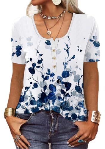 GRMLRPT T-Shirt à Manches Courtes Femme Col V Blouses Femmes Mode Imprimé Tunique Tops Lâche Chemisier pour Femme Basiques Haut(-Manche Courte- Bleu-2,XXL)