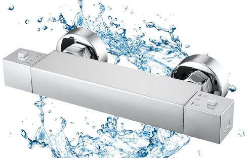 BONADE Grifo termostatico ducha, grifo mezclador de ducha de superficie con botón de seguridad de 38°C, grifo mezclador termostático de ducha de latón para baño, cromo