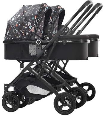 Tragbarer Doppel-Kinderwagen, Tandem-Kinderwagen für Säuglinge und Kleinkinder, verstellbarer einfach zusammenklappbare Kinderwagen, abnehmbarer Kinderwagen zum Sitzen und Liegen(Color:schwarz A)