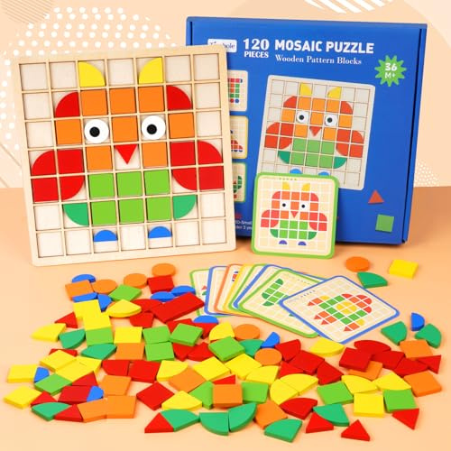 HOTUT Geometrische Formen Holzpuzzles, Tangram Montessori Bausteine mit 120 geometrischen Formen und 20 Designkarten Geeignet, Tangram Kinder, Holzmusterblöcke für Kinder Mädchen Jungen