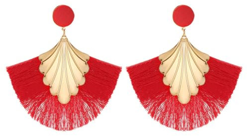 QKEPCY Ohrringe Damen Lange Quaste Fächer Ohrringe Quaste Tropfen Ohrringe Boho Ohrringe Metall Hypoallergene Leichte Aussage Ohrstecker Festival Schmuck für Frauen und Mädchen