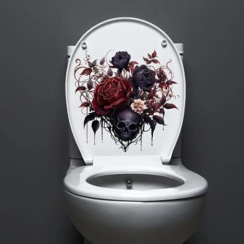 Skull Rose Flower Butterfly Toilet Cover Sticker Decals,Spring Flower Leaf Butterfly Waterproof Toilet Lid Tank Seat Decals Cistern Self-Adhesive Bathroom Wall Sticker