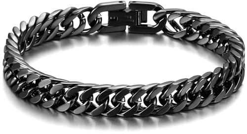 RWQIAN Pulsera Hombre Negro Acero Inoxidable Tanques Pulseras Cadena 8mm Hombres Cubanas Pulsera 18cm Hip hop Regalos Para Papá Hijo Hermano Marido