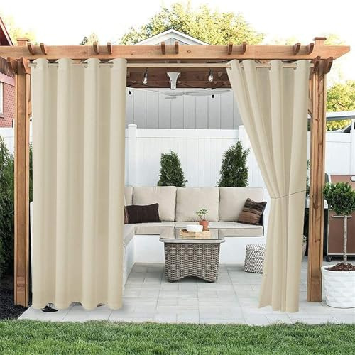 Hiseng wasserdichte Outdoor Vorhänge, 2 Stück Outdoorvorhänge mit Ösen, Blickdicht Verdunkelungsvorhang Sichtschutz Sonnenschutz Vorhang für Garten Balkon Terrasse (Beige,210x230cm)