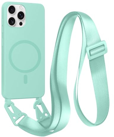 FMPCUON Handyhülle für iPhone 14 Pro Max kompatibel Wireless Charging,Magnetisch Necklace Hülle mit Bands für Abnehmbar Kordel zum Umhängen Silikon Case,Minzgrün