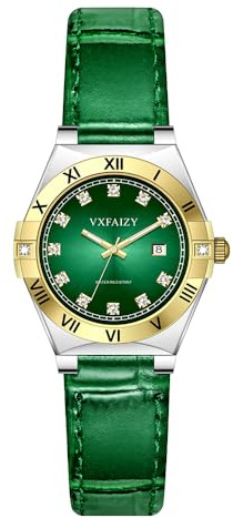 VXFAIZY Elegante Damenuhr mit Kristall Indexzeichen und echten Lederband Kalenderfunktion für Damen