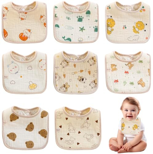 Rylae 8 Stück Baby-Lätzchen, Extra Weiche Baumwolle, aus Reinem Baumwollgaze, mit Verstellbarem Klettverschluss, Im Cartoon-Tier-Stil, Geeignet für Babys und Kleinkinder Beim Essen und Sabbern