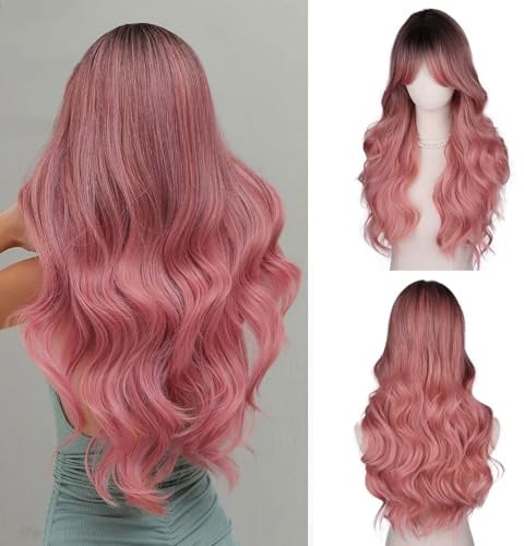 Fulang Hair Lange Ombre Pink Perücke für Frauen, Lange Lockige Hitzebeständige Faser Synthetische Perücke Ombre Pink Perücken, Peruka Damen Natürlich Haare für DenTäglichen