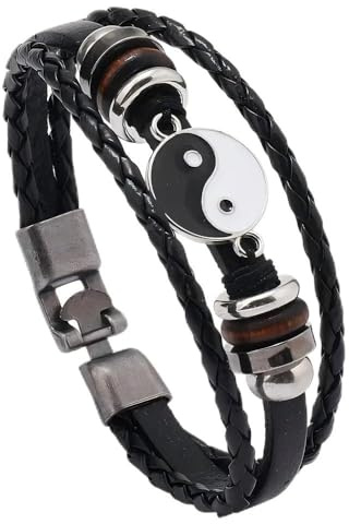 HUIANGLIYG Vintage Yin Yang Armband für Herren, Dreisträngiges Geflochtenes Lederarmband mit Schnalle, Ethno Stil, Tai Chi, Feng Shui, Bettelarmband, Amulett, Schmuck, Geschenke für Ihn, Schwarz,