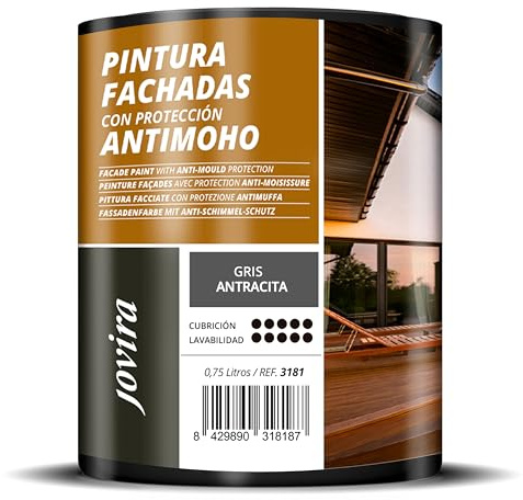 JOVIRA PINTURAS PINTURA FACHADAS ANTIMOHO. Repelente al agua, impermeable y anti fisuras. (750 Mililitros, Gris Antracita)