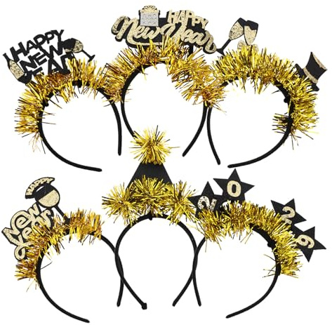 LOLIPPYY 6 Stück Pack Neujahrs Haarbänder für Damen Goldene Sternen Haarreifen mit Funkelnden Bändern Festliche Silvester Kopfbedeckungen für Party und Fotorequisiten