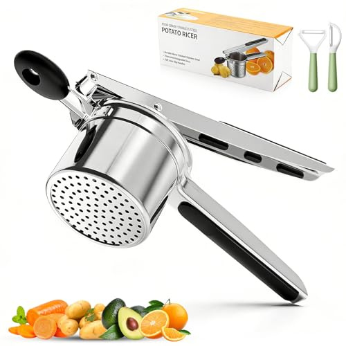 Schiacciapatate in Acciaio Inox con 4 Dischi e Pelapatate – Pressa per Patate Robusta e Professionale, per Purè, Gnocchi e Pappa per Bambini – Heavy Duty, Lavabile in Lavastoviglie