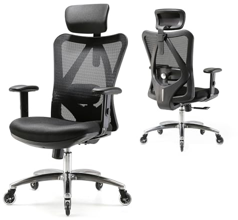 SIHOO Ergonomischer Bürostuhl mit hoher Rückenlehne, Verstellbarer Kopfstütze & Lendenstütze, Dreh-Schreibtischstuhl (Schwarz)