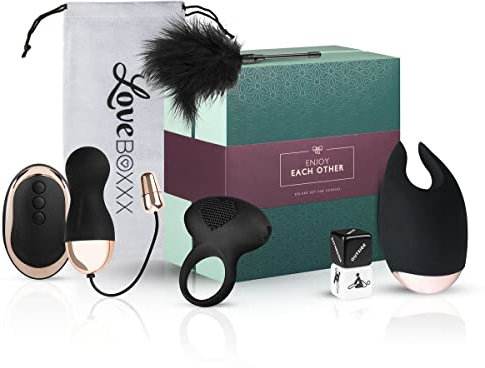 LoveBoxxx Sexspielzeug für Paare Erotik Geschenkbox LIEBESLEBEN, Überraschungsbox inkl. Vibratoren für die Klitoris, Vibro Ei, Cockring Vibrierend, Federkitzler, Augenmaske, Würfel & Beutel