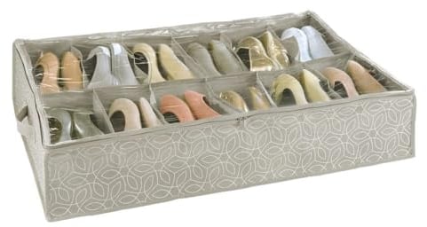 WENKO Unterbettkommode Mod. Balance für Schuhe 12 Fächer mit Sichtfenster und 3-Seiten Reißverschluss atmungsaktiv platzsparend Taupe 74 x 15 x 60 cm
