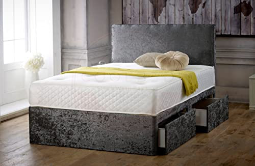 COOL BED Premium Black Crushed Velvet King Size Divan Bed with Mattress and 20” Plain Headboard | Divan 5FT - King Size Bed Frame | Bed Base with Storage Drawers (BLACK, 5FT 4 DRAWERS)