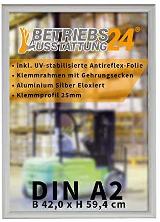 Betriebsausstattung24® Plakatrahmen mit Klemmrahmen | Alu Klapprahmen | 25mm Aluminium Profil | inkl. entspiegelter Schutzfolie (Ecken auf Gehrung, DIN A2 (HxB 59,4x42,0 cm))