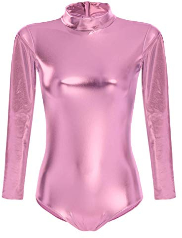 FYMNSI Damen Glänzende Ballettanzug Ballettbody Sport Tanz Body Gymnastikanzug Trikot Langarm Bodysuit Metallic Wetlook Einteiler Turnanzug Leotards Overall Lack Leder Oberteile Top Kostüm Rosa M