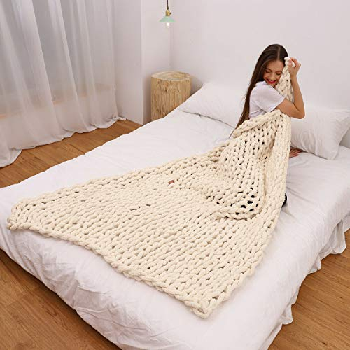 CT Grobgestrickte Dicke Decken, luxuriös, superweich, warm, kuschelig, für Sofa und Bett, handgestrickt, 100% Polyester-Fleece, cremefarben, Small (100x150cms)