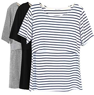Smallshow Women's Nursing Tops Short Sleeve Layered Design Breastfeeding Shirts,Black-Grey-White Stripe,XL