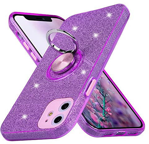 wisdompro Glitter Case for iPhone 11, Cute Bling Sparkle Protective Case with Ring Kickstand, Women Girls Phone Case for iPhone 11 (6.1 Inch) - Purple