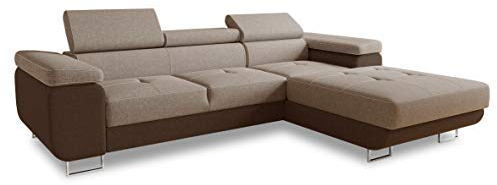 Ecksofa Divo mit Schlaffunktion, Bettkasten und Kopfteilverstellung, Polsterecke, Wohnlandschaft, Sofagarnitur, Couch, Sofa, Federkern (Braun + Cappuccino (Sawana 16 + Sawana 02), Ecksofa Rechts)