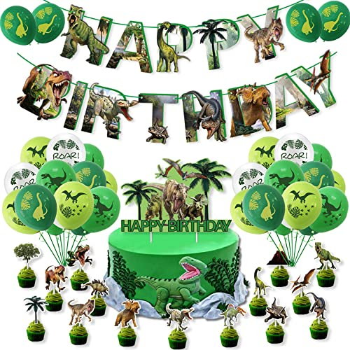 44 Stück Dinosaurier Geburstagdeko Kit, Dino Luftballons Geburtstag, Dinosaurier Geburtstagsbanner, Dinosaurier Cupcake Topper, Kindergeburtstag Deko Dino